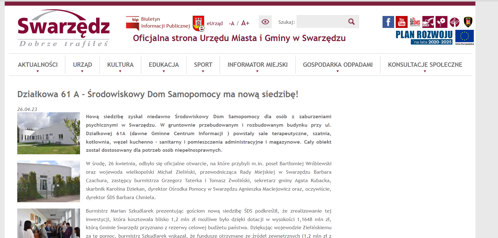 Zdjęcie artykuły ze strony Urzędu Miasta i Gminy w Swarzędzu mówiący o otwarciu Środowiskowego Domu Samopomocy na ulicy Działkowej 61A