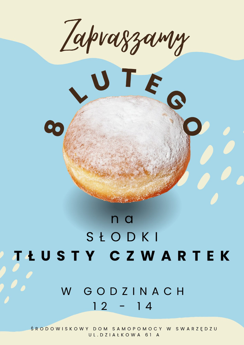Grafika pączka unoszącego się nad błękitnym tłem, otacza go brązowy napis: 8 lutego na słodki