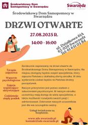 Plakat: Środowiskowy Dom Samopomocy w Swarzędzu – DRZWI OTWARTE 27.08.2025, godz. 14:00–16:00, ul. Działkowa 61A. Terapia zajęciowa, wsparcie psychologiczne, zajęcia aktywizujące, ciepły posiłek. Usługi bezpłatne. www.sds-swarzedz.pl