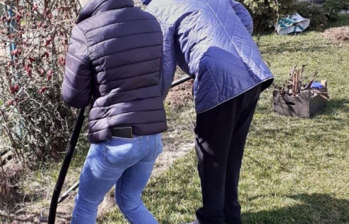 Dwie osoby, ciepło ubrane, kopią dziury przy płocie łopatą i zagrabiają ziemię.