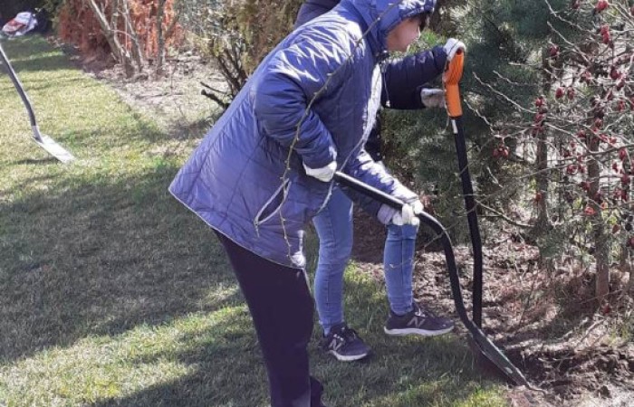 Dwie starsze kobiet kopią dziury na nowe kwiatki przy płocie. Są ciepło ubrane