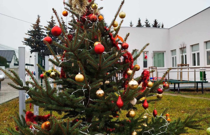 Duża, ozdobiona kolorowymi bombkami i światełkami choinka ustawiona na zewnątrz, w tle widoczny biały budynek