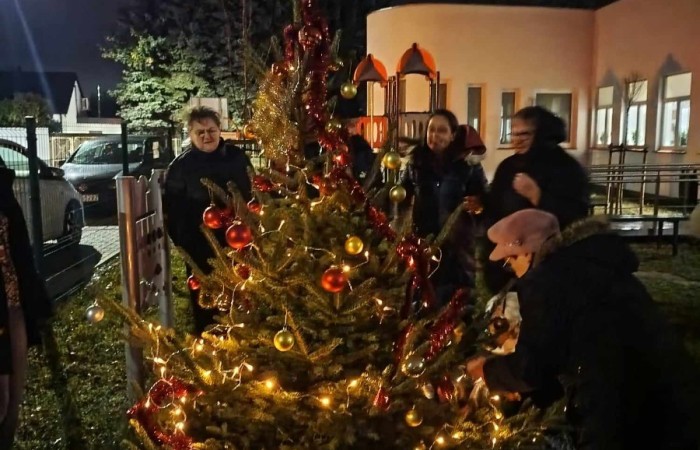 Grupa osób dekorująca dużą choinkę ustawioną na zewnątrz, widoczne są lampki oraz czerwone ozdoby, w tle oświetlony budynek.